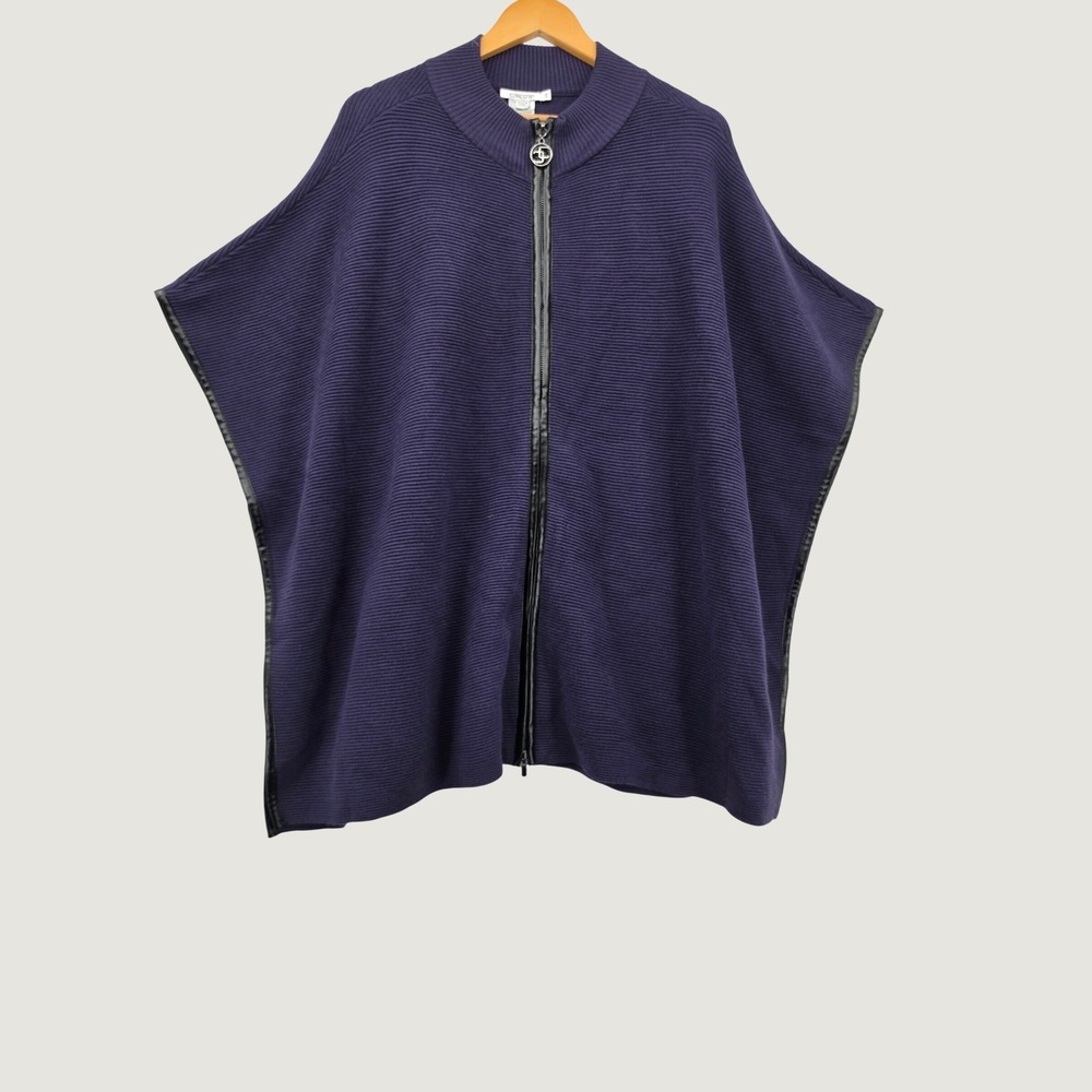 Chicos Purple Ribbed Knit Poncho Sweater Faux Leather Trim Zip Front S/M Wrap